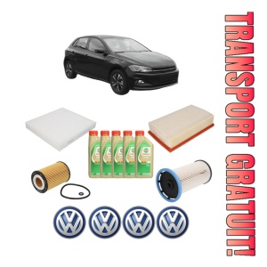 Set Pachet filtre revizie Bosch, 5 litrii ulei Castrol 5W30 Volkswagen POLO VI (AW1, BZ1, AE1) 1.6 TDI din 2017-2019, 4x Stickere auto cu Volkswagen