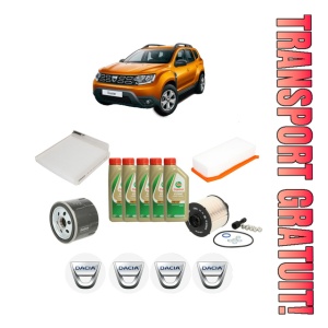 Set Pachet filtre revizie Bosch, 5 litrii ulei Castrol 5W40 DACIA DUSTER SUV Van 1.5 dCi 4x4 din 2013, 4x Stickere auto cu DACIA