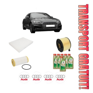 Set Pachet filtre revizie Bosch, 6 litrii ulei Castrol 0W20 AUDI A5 (F53, F5P) 45 TFSI Mild Hybrid quattro din 2019, 4x Stickere auto cu AUDI