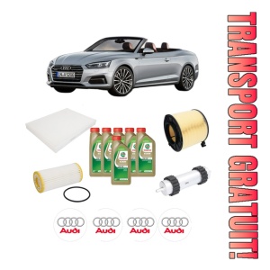 Set Pachet filtre revizie Bosch, 6 litrii ulei Castrol 0W20 AUDI A5 Convertible (F57, F5E) 2.0 TFSI Mild Hybrid quattro din 2017, 4x Stickere auto cu AUDI