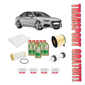 Set Pachet filtre revizie Bosch, 6 litrii ulei Castrol 0W20 AUDI A5 Sportback (F5A, F5F) 2.0 TFSI Mild Hybrid quattro din 2017-2020, 4x Stickere auto cu AUDI
