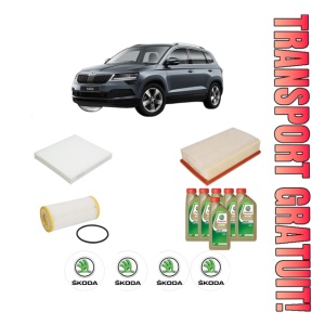 Set Pachet filtre revizie Bosch, 6 litrii ulei Castrol 0W20 SKODA KAROQ (NU7, ND7) 2.0 TSI 4x4 din 2018, 4x Stickere auto cu SKODA