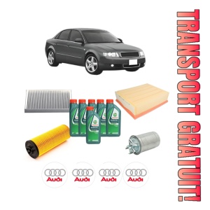 Set Pachet filtre revizie Bosch, 6 litrii ulei Castrol 10W40 AUDI A4 B6 (8E2) 2.5 TDI quattro din 2000-2004, 4x Stickere auto cu AUDI