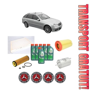 Set Pachet filtre revizie Bosch, 6 litrii ulei Castrol 10W40 MERCEDES-BENZ C-CLASS T-Model (S203) C 200 CGI Kompressor (203.243) din 2003-2007, 4x Stickere auto cu MERCEDES-BENZ
