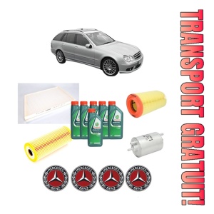 Set Pachet filtre revizie Bosch, 6 litrii ulei Castrol 10W40 MERCEDES-BENZ C-CLASS T-Model (S203) C 230 Kompressor (203.240) din 2004-2007, 4x Stickere auto cu MERCEDES-BENZ