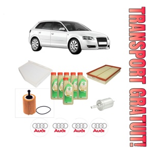 Set Pachet filtre revizie Bosch, 6 litrii ulei Castrol 5W30 AUDI A3 Sportback (8PA) 3.2 V6 quattro din 2004-2009, 4x Stickere auto cu AUDI