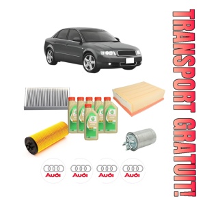 Set Pachet filtre revizie Bosch, 6 litrii ulei Castrol 5W30 AUDI A4 B6 (8E2) 2.5 TDI din 2001-2002, 4x Stickere auto cu AUDI
