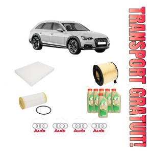 Set Pachet filtre revizie Bosch, 6 litrii ulei Castrol 5W30 AUDI A4 Allroad B9 (8WH, 8WJ) 2.0 TFSI quattro din 2016, 4x Stickere auto cu AUDI
