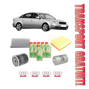 Set Pachet filtre revizie Bosch, 6 litrii ulei Castrol 5W30 AUDI A6 C5 (4B2, 4B4) 2.4 quattro din 2001-2005, 4x Stickere auto cu AUDI