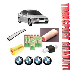 Set Pachet filtre revizie Bosch, 6 litrii ulei Castrol 5W30 BMW Seria 3 (E46) 318 d din 2003-2005, 4x Stickere auto cu BMW