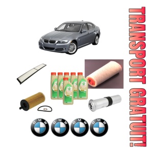Set Pachet filtre revizie Bosch, 6 litrii ulei Castrol 5W30 BMW Seria 3 (E90) 320 d din 2004-2011, 4x Stickere auto cu BMW