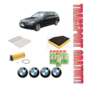 Set Pachet filtre revizie Bosch, 6 litrii ulei Castrol 5W30 BMW Seria 5 Touring (E61) 520 d din 2007-2010, 4x Stickere auto cu BMW