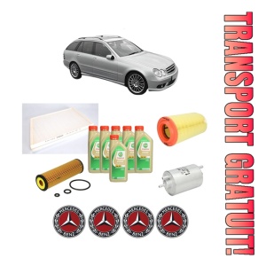 Set Pachet filtre revizie Bosch, 6 litrii ulei Castrol 5W30 MERCEDES-BENZ C-CLASS T-Model (S203) C 200 Kompressor (203.242) din 2002-2007, 4x Stickere auto cu MERCEDES-BENZ