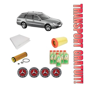 Set Pachet filtre revizie Bosch, 6 litrii ulei Castrol 5W30 MERCEDES-BENZ E-CLASS T-Model (S211) E 200 T Kompressor (211.242) din 2003-2009, 4x Stickere auto cu MERCEDES-BENZ