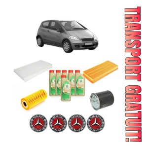 Set Pachet filtre revizie Bosch, 6 litrii ulei Castrol 5W30 MERCEDES-BENZ A-CLASS (W169) A 200 CDI (169.308, 169.008) din 2004-2012, 4x Stickere auto cu MERCEDES-BENZ