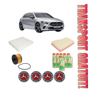 Set Pachet filtre revizie Bosch, 6 litrii ulei Castrol 5W30 MERCEDES-BENZ A-CLASS (W177) A 180 (177.084) din 2018, 4x Stickere auto cu MERCEDES-BENZ