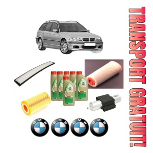 Set Pachet filtre revizie Bosch, 6 litrii ulei Castrol 5W40 BMW Seria 3 Touring (E46) 320 d din 2001-2005, 4x Stickere auto cu BMW