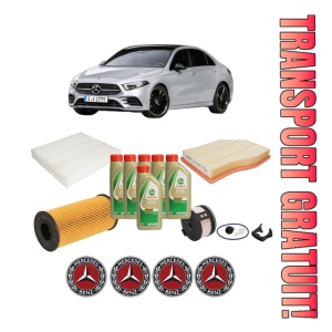 Set Pachet filtre revizie Bosch, 6 litrii ulei Castrol 5W40 MERCEDES-BENZ A-CLASS Saloon (V177) A 180 d (177.103) din 2018, 4x Stickere auto cu MERCEDES-BENZ