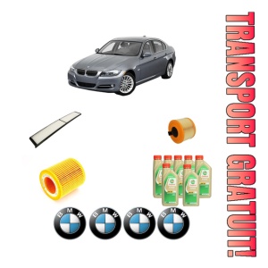 Set Pachet filtre revizie Bosch, 7 litrii ulei Castrol 5W30 BMW Seria 3 (E90) 325 xi din 2007-2008, 4x Stickere auto cu BMW