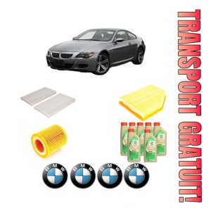 Set Pachet filtre revizie Bosch, 7 litrii ulei Castrol 5W30 BMW Seria 6 (E63) 630 i din 2007-2010, 4x Stickere auto cu BMW