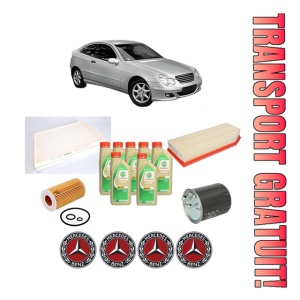 Set Pachet filtre revizie Bosch, 7 litrii ulei Castrol 5W30 MERCEDES-BENZ C-CLASS Coupe (CL203) C 220 CDI (203.706) din 2001-2004, 4x Stickere auto cu MERCEDES-BENZ