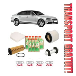Set Pachet filtre revizie Bosch, 8 litrii ulei Castrol 5W30 AUDI A4 B8 (8K2) 3.0 TDI quattro din 2007-2012, 4x Stickere auto cu AUDI