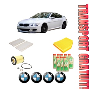 Set Pachet filtre revizie Bosch, 8 litrii ulei Castrol 5W30 BMW Seria 6 Convertible (E64) 645 Ci din 2004-2005, 4x Stickere auto cu BMW