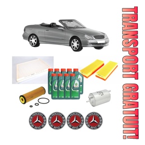 Set Pachet filtre revizie Bosch, 9 litrii ulei Castrol 10W40 MERCEDES-BENZ CLK Convertible (A209) CLK 500 (209.472) din 2006-2010, 4x Stickere auto cu MERCEDES-BENZ