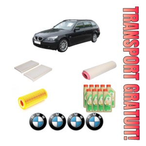 Set Pachet filtre revizie Bosch, 9 litrii ulei Castrol 5W30 BMW Seria 5 Touring (E61) 525 d din 2004-2007, 4x Stickere auto cu BMW