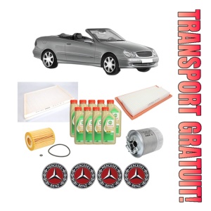 Set Pachet filtre revizie Bosch, 9 litrii ulei Castrol 5W30 MERCEDES-BENZ CLK Convertible (A209) CLK 320 CDI (209.420) din 2005-2010, 4x Stickere auto cu MERCEDES-BENZ