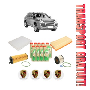 Set Pachet filtre revizie Bosch, 9 litrii ulei Castrol 5W30 PORSCHE CAYENNE (9PA) 3.0 TDI din 2009-2010, 4x Stickere auto cu PORSCHE