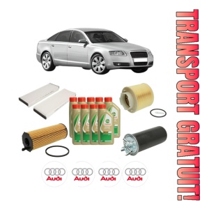 Set Pachet filtre revizie Bosch, 9 litrii ulei Castrol 5W40 AUDI A6 C6 (4F2) 2.7 TDI din 2004-2011, 4x Stickere auto cu AUDI