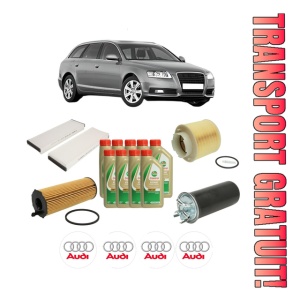 Set Pachet filtre revizie Bosch, 9 litrii ulei Castrol 5W40 AUDI A6 C6 Avant (4F5) 2.7 TDI quattro din 2005-2011, 4x Stickere auto cu AUDI