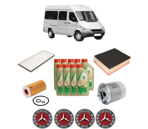 Set Pachet filtre revizie Bosch, 9 litrii ulei Castrol 5W40 MERCEDES-BENZ SPRINTER 3-t Bus (B903) 316 CDI 4x4 (903.672, 903.673) din 2002-2006, 4x Stickere auto cu MERCEDES-BENZ - Img 2