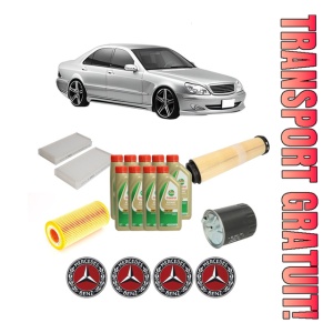 Set Pachet filtre revizie Bosch, 9 litrii ulei Castrol 5W40 MERCEDES-BENZ S-CLASS (W220, V220) S 320 CDI (220.025, 220.125) din 2002-2005, 4x Stickere auto cu MERCEDES-BENZ