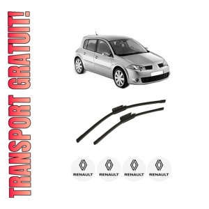 Set stergatoare auto RENAULT MEGANE II (BM0/1_, CM0/1_) din 2002-2011, pentru parbriz auto, 2 bucati, Bosch Aerotwin, din cauciuc siliconat rezistent, 4 Stickere Auto RENAULT