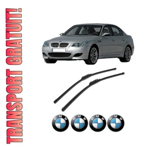 Set stergatoare BMW Seria 5 (E60) din 2001-2010, pentru parbriz auto, 2 bucati, Bosch Aerotwin, din cauciuc siliconat rezistent, 4 Stickere Auto BMW Seria