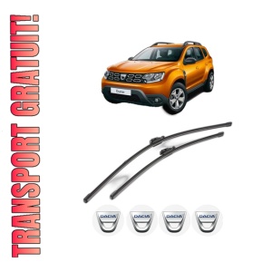 Set stergatoare DACIA DUSTER SUV Van din 2011-2018, pentru parbriz auto, 2 bucati, Valeo Silencio Xtrm, din cauciuc siliconat rezistent, 4 Stickere Auto DACIA