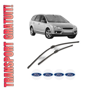 Set stergatoare FORD FOCUS II Turnier (DA_, FFS, DS) din 2004-2012, pentru parbriz auto, 2 bucati, Valeo Silencio Xtrm, din cauciuc siliconat rezistent, 4 Stickere Auto FORD