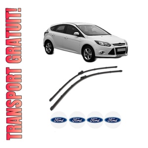 Set stergatoare FORD FOCUS III Hatchback Van din 2011-2020, pentru parbriz auto, 2 bucati, Valeo Silencio, din cauciuc siliconat rezistent, 4 Stickere Auto FORD