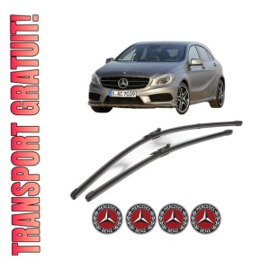 Set stergatoare MERCEDES-BENZ A-CLASS (W176) din 2012-2018, pentru parbriz auto, 2 bucati, Valeo Silencio Xtrm, din cauciuc siliconat rezistent, 4 Stickere Auto MERCEDES-BENZ