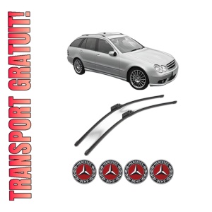 Set stergatoare MERCEDES-BENZ C-CLASS T-Model (S203) din 2001-2007, pentru parbriz auto, 2 bucati, Valeo Silencio Xtrm, din cauciuc siliconat rezistent, 4 Stickere Auto MERCEDES-BENZ