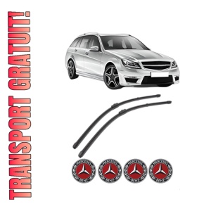 Set stergatoare MERCEDES-BENZ C-CLASS T-Model (S204) din 2007-2014, pentru parbriz auto, 2 bucati, Valeo Silencio Xtrm, din cauciuc siliconat rezistent, 4 Stickere Auto MERCEDES-BENZ