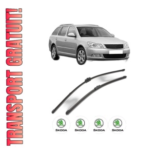 Set stergatoare SKODA Octavia II Combi (1Z5) din 2004-2013, pentru parbriz auto, 2 bucati, Valeo Silencio Xtrm, din cauciuc siliconat rezistent, 4 Stickere Auto SKODA
