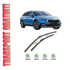 Set stergatoare SKODA Octavia IV (NX3, NN3, PV3) din 2020-2025, pentru parbriz auto, 2 bucati, Bosch Aerotwin, din cauciuc siliconat rezistent, 4 Stickere Auto SKODA