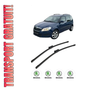Set stergatoare SKODA ROOMSTER (5J7) din 2006-2015, pentru parbriz auto, 2 bucati, Bosch Aerotwin, din cauciuc siliconat rezistent, 4 Stickere Auto SKODA