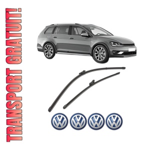 Set stergatoare Volkswagen GOLF ALLTRACK VII Variant (BA5, BV5) din 2014-2020, pentru parbriz auto, 2 bucati, Valeo Silencio Xtrm, din cauciuc siliconat rezistent, 4 Stickere Auto Volkswagen