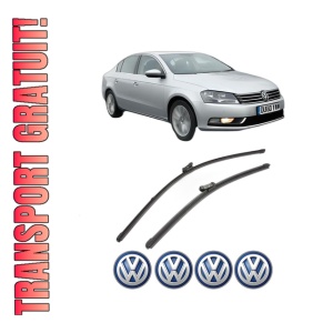 Set stergatoare Volkswagen PASSAT B7 (A32, A33) din 2011-2020, pentru parbriz auto, 2 bucati, Valeo Silencio Xtrm, din cauciuc siliconat rezistent, 4 Stickere Auto Volkswagen