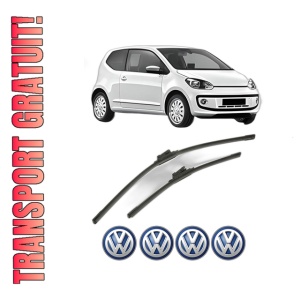 Set stergatoare Volkswagen UP! (121, 122, BL1, BL2, BL3, 123) din 2011-2023, pentru parbriz auto, 2 bucati, Bosch Aerotwin, din cauciuc siliconat rezistent, 4 Stickere Auto Volkswagen