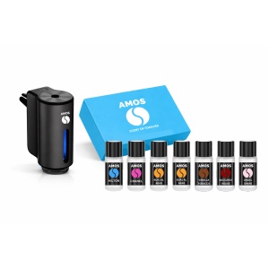 Difuzor parfum auto AMOS Mini Negru, 1 set rezerve parfum 7 arome Blue, odorizant inteligent, arome intense, 3 trepte intensitate